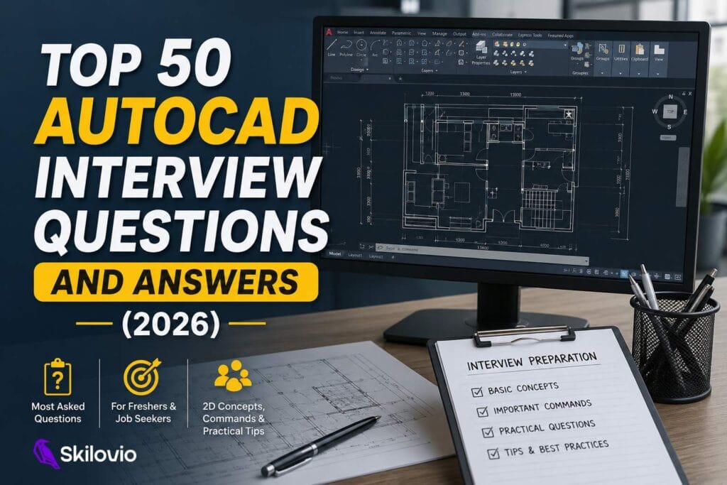 Top 50 AutoCAD Interview Questions and Answers (2026) for freshers with AutoCAD drawing on a computer screen.