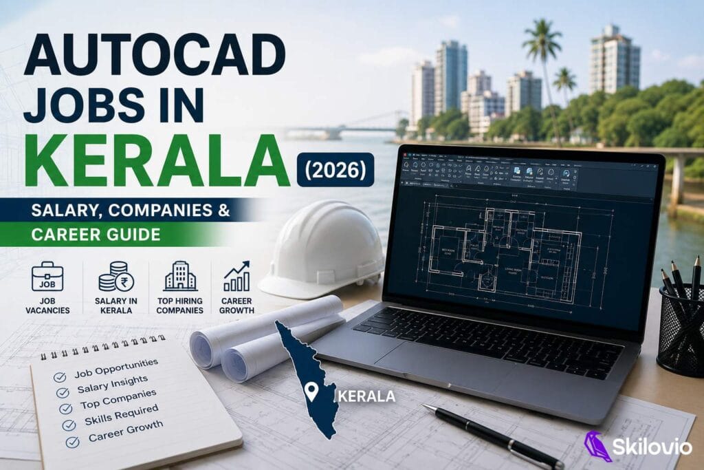 AutoCAD Jobs in Kerala 2026 featuring CAD drafting on a laptop with salary, job vacancies, companies, and career opportunities for AutoCAD professionals.